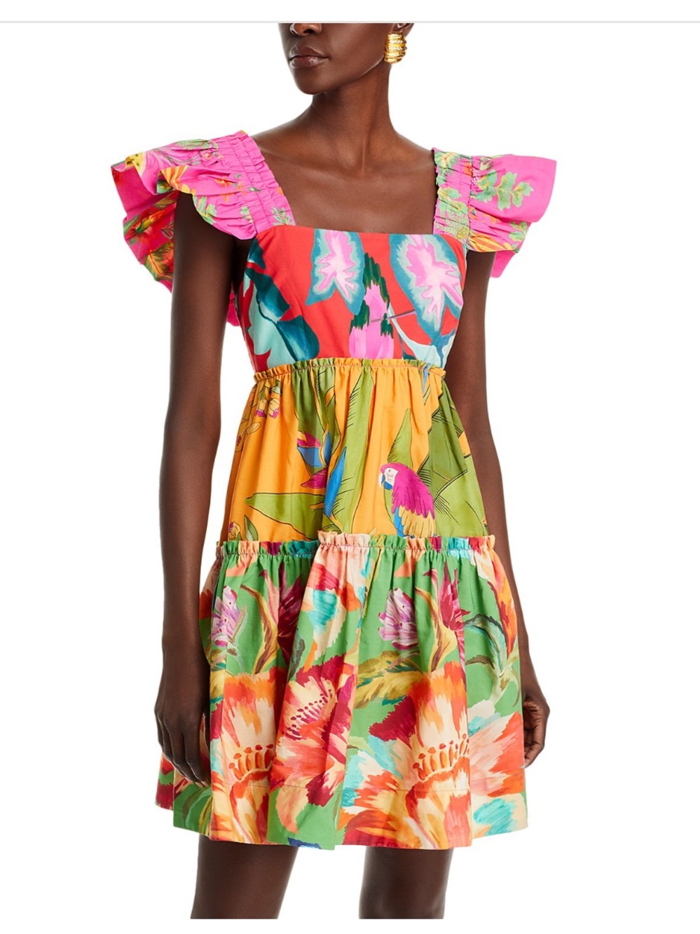FARM Rio Multicolor Floral Tiered Mini Dress in Pink, Green & Orange